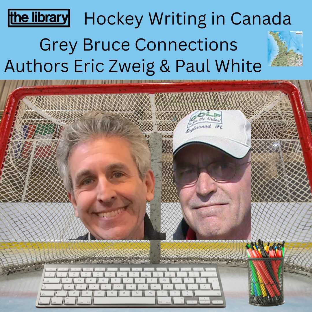 Authors Eric Zweig and Paul White in front of a hockey net with keyboard and cup of pens