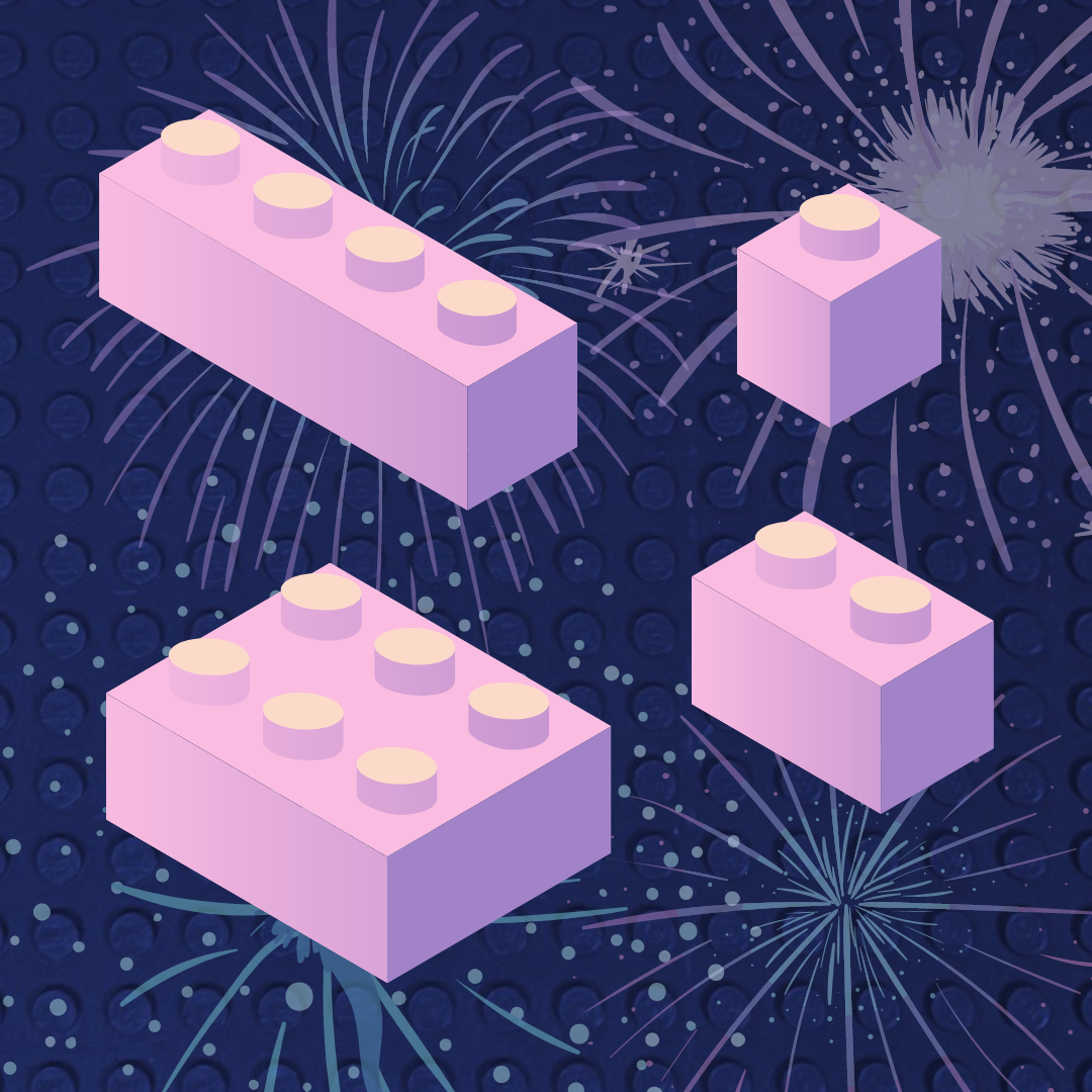 LEGO bricks suprimposed on fireworks