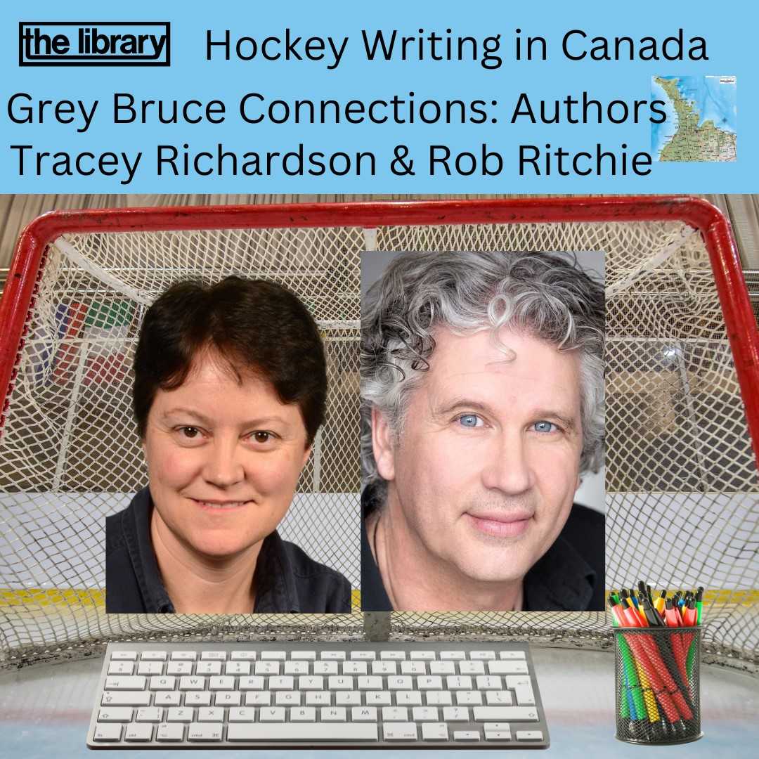 Authors Tracey Richardson and Rob Ritchie in front of a hockey net with keyboard and cup of pens